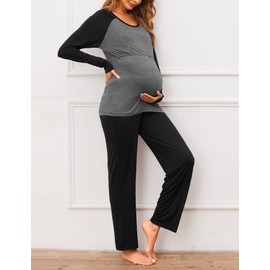 Ekouaer Women's Nursing Pyjamas Long Maternity Two Piece Pyjamas Long Sleeve Maternity Fashion Winter Hospital Leisure Suit for Pregnancy S-XXL, Black/Grey 2