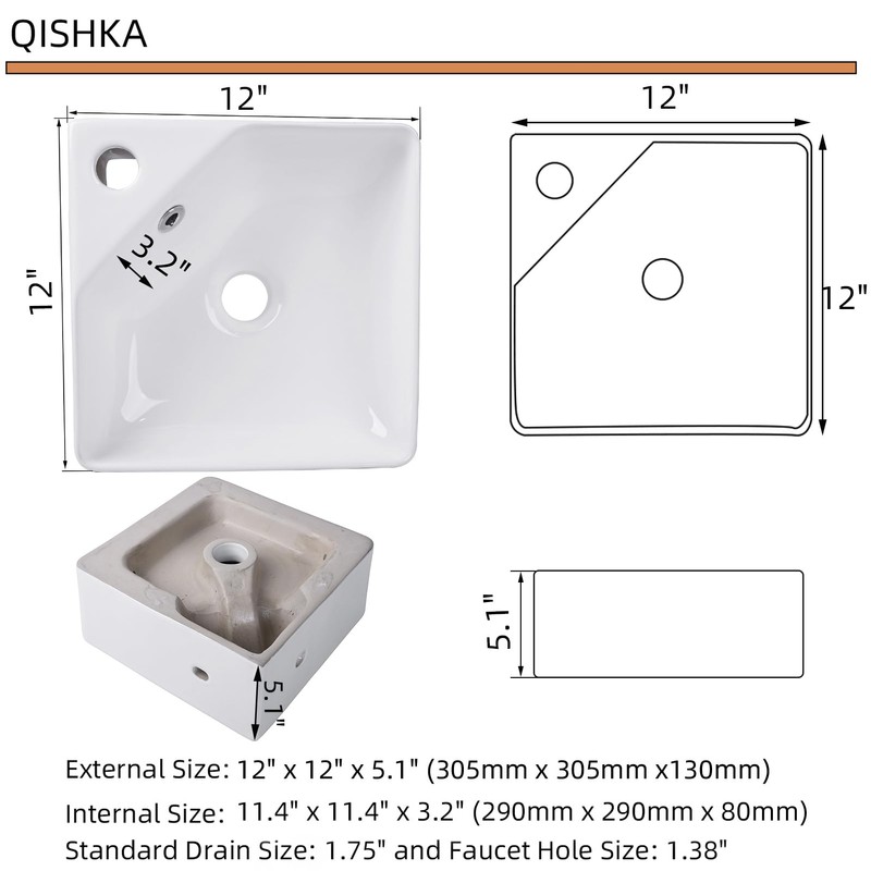 Wall Mount Corner Bathroom Sink, QISHKA 12" X 12" Square