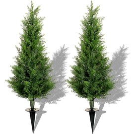 Canlierr 2 Set 3 Ft Christmas Artificial Cedar Trees with Ground Spike UV Resistant Artificial Topiary Tree Outdoor Fake Shrub Plants Potted Pine Tree for Porch Garden Entryway Front Door Decor