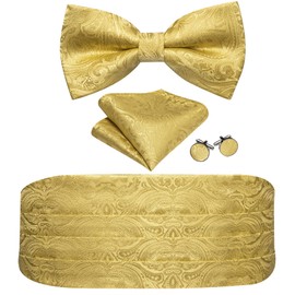 YOHOWA Gold Cummerbund Bow Tie for Men Paisley Silk Pre-Tied Bowtie Pocket Square Cufflinks Set Formal Wedding Party Prom Tuxedo