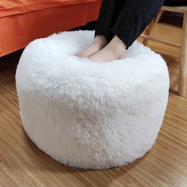 Unstuffed Fur Pouf Ottoman Foot Rest Cover Faux Fur Ottoman Cover 20x12 Inches Round Poof Seat Floor Bean Bag Chair Foot Rest Storage Solutions for Living Room Bedroom Cover ONLY (White)