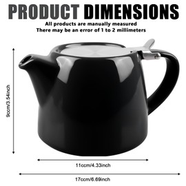 Teapot with Strainer Insert, 500 ml Ceramic Teapot with Removable Stainless Steel Tea Strainer, Ceramic Teapot for Home and Office Perfect for Loose Tea, Semi Glossy Black