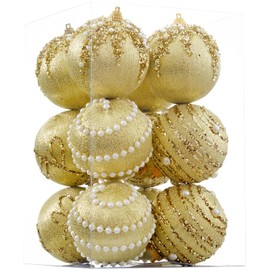 Gold Satin Christmas Balls, Silk Christmas Tree Hanging Ornaments, Pack of 12 Luxury Shatterproof Xmas Tree Decorations Bulbs Set