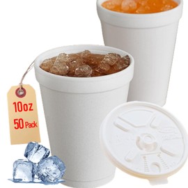 10OZ Foam Cups With Lids for Hot & Cold Drinks, USA-Made 50-Pack - Ideal Styrofoam Coffee Cups, Insulating To-Go Cups for Soda, Tea, Juice - Sturdy, Disposable & comparable to Industry standard 10J10