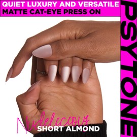 PSYTONE Glossy Frosted Cat Eye Press on Nails Almond with Glue, Fake Nails Resistant to Falling Off, Perfect Fit and Reusable Press on Nails, 15 Sizes 30 Pieces Nail Kit, Nudelicious