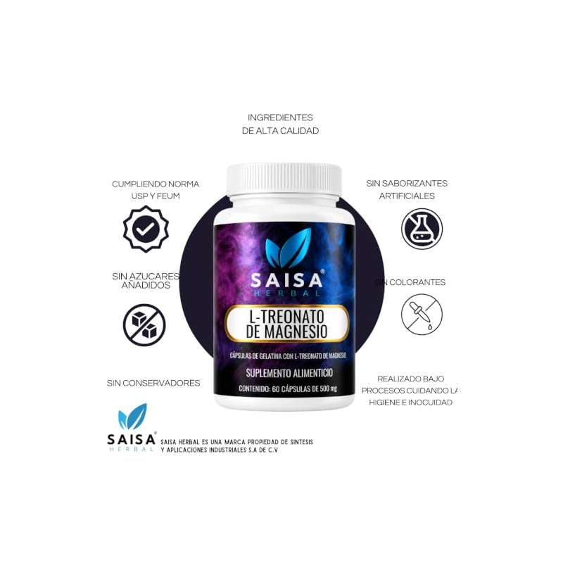 L-treonato De Magnesio 100% Puro con 60 Cápsulas SAISA HERBAL