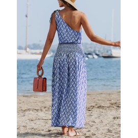 CUPSHE Women's Maxi Dress One Shoulder Sleeveless Smocked Floral Printed Self Tie Boho Long Dress Summer Dress Blue Floral, XL