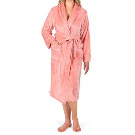 PAVILIA Robes For Women, Fleece Soft Fluffy Bathrobe, Plush Cozy Long Spa Robe, Satin Trim (S/M, Coral)