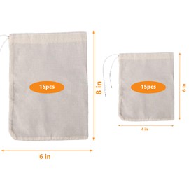 30 Pcs Natural Cotton Spice Bags for Cooking:4x3,6x4Reusable Tea Filters with Drawstring, Ideal for Straining Soups, Herb Sachets & Cold Brew (Food-Grade Cotton). (4x3"15pcs，6x4"15pcs)