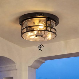 SAYTOP Outdoor Ceiling Light with Motion Sensor Flush Mount Round Porch Light, Industrial 2-Light Dusk to Dawn Ceiling Light Fixture with Clear Glass for Entryway Garage Front and Back Yards, Black
