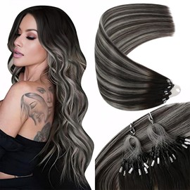 Sunny Hair Micro Loop Human Hair Extensions - Black Balayage With Silver Grey - 22 Inch, 50g