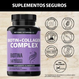 Biotin + Collagen Complex - Contiene Biotina + Colágeno + 15 Ingredientes y Vitaminas - Colageno Biotina - Multi Collagen Peptides - vitybell Vitaminas Mujer - Cabello Piel Uñas - 60 Cápsulas