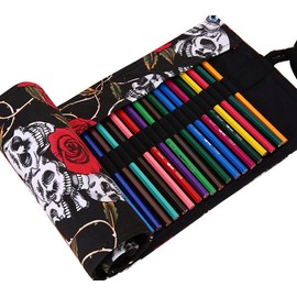 Hillento Gothic Punk Fashion Skull Rose Pencil wrap Diablo Series (Pencils are not Included),36 Holes