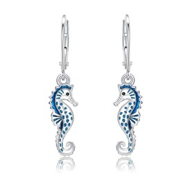 PARYFO Seahorse Earrings 925 Sterling Silver Moonstone Seahorse Hanging Earrings Blue/Black/Orange Seahorse Earrings Ocean Animal Earrings Jewellery Gifts for Women Girls Children Daughter, Sterling