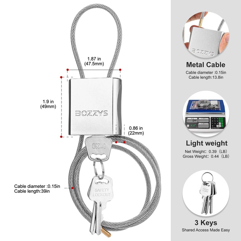 BOZZYS Cable Lock with 3 Keys | L 3.28ft(1m),D 1/6in(4mm)