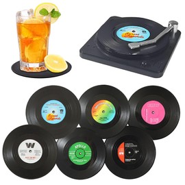 Miss Rui Vinyl Record Coasters with Player Holder, Set of 6 Non-Slip Cool Disk Mats Retro Coasters for Drinks Bar Gifts Music Lovers