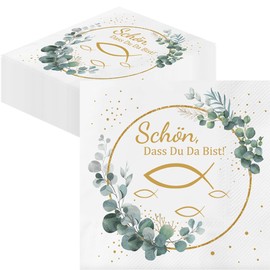 Glamifyr 40 Stück Servietten Kommunion, Servietten Konfirmation Servietten Taufe Junge Mädchen Servietten Schön DASS Du Da Bist, Taufe Servietten Fisch um Eukalyptus weiß als Tischdeko, 33 * 33 cm