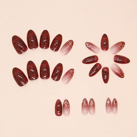 Red Press On Almond Acrylic Ombre Glue On Rose Full Cover Artificial Glitter False Wedding Stick On Nails for Women - 24 Pcs