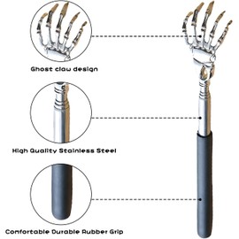 Luludelen Back Scratcher - Extendable Telescopic Handle - Stainless Steel Skeleton Hand - Back Massager -Body Massager Head Scratcher - Cool Gadget，Easy to carry