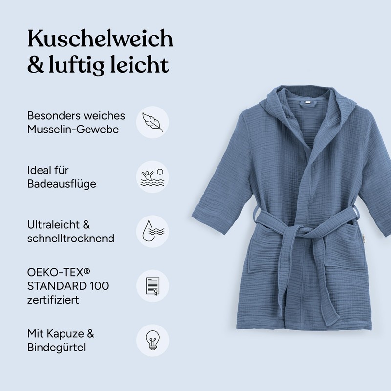 Ehrenkind® Children's Muslin Bathrobe with Hood, 100% Organic Cotton, Children's