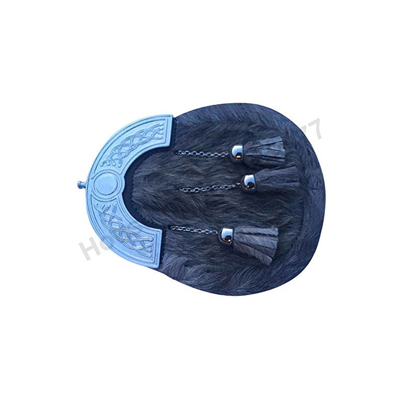 Tidoneam Scottish Kilt Sporran Grey Bovine Celtic Cantle Chrome/Leather Sporran