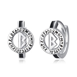 Viking Rune Hoop Earrings, 925 Sterling Silver, Black Oxidation Earrings, Small Hoop Earrings for Men and Women (B), Sterling Silver, No Gemstone