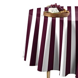 Fabric Textile Products Round Tablecloth, 100% Milliken Polyester, Machine Washable, 120" Round, 3" Cabana Stripe, Burgundy & White