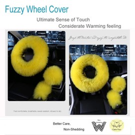 Younglingn Car Steering Wheel Cover Gear Shift Handbrake Fuzzy Cover 1 Set 3 Pcs Multi-Colored with Winter Warm Pure Wool Fashion for Girl Women Ladies Universal Fit Most Car(Yellow)