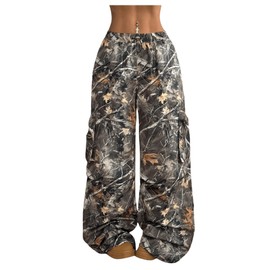 Verdusa Women's Camo Cargo Pants Y2K Streetwear Drawstring Wide Leg Trousers Flare Baggy Sweatpants Army Green Large