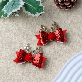 Christmas Reindeer Antlers Hair Clips for Girls Christmas Hair Accessories Glitter Deer Antlers Design Deer Ears Hair Barrettes for Hair Styling Holiday Bows for Girls 2Pcs (Red Antler)