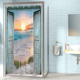 Riyidecor Small Stall Ocean Beach Teal Barn Door Shower Curtain for Bathroom Decor 36Wx72H Hawaiian Sunset Scenery Sea Wave Rustic Wooden Art Printed Fabric Polyester Waterproof 7 Pack Plastic Hooks