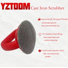 YZTOOM Cast Iron Scrubber, Iron Chainmail Scrubber Skillet Cleaner with Silicone Handle, Stainless Steel Chain Mail Scrubber for Cast Iron Skillets