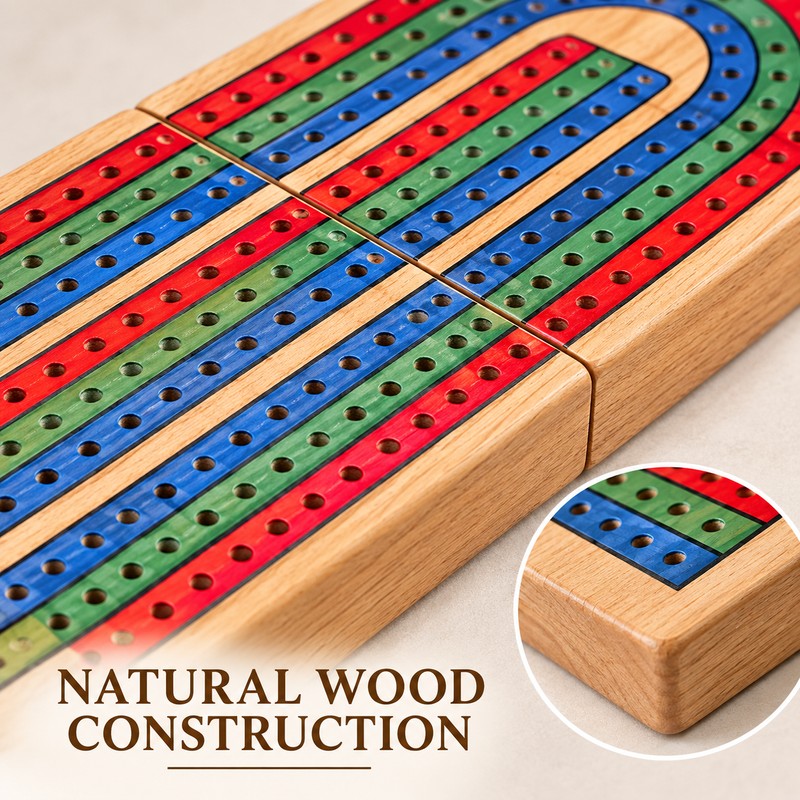 Wooden 3-Track Cribbage Board Game with 9 Pegs, Playing Cards