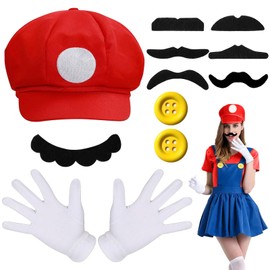 LXYYDS Pack of 12 Bros Costume Accessories, Hat Gloves Beard Yellow Buttons, Moustache Gloves Buttons, Fancy Dress Costumes for Children Adults Carnival Cosplay