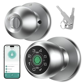 HEI LIANG Fingerprint Smart Door Knob with Fingerprint & Keypad, App Controlled Biometric Keyless Entry Door Lock for Bedroom, Storage Room, Apartment，Office, Hotel (Silver)-HL-8