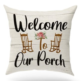 Porch Throw Pillow Case Cushion Cover, Welcome to Our Porch, Summer Front Decor, Outdoor Decoration Farmhouse Decorative Home Decoration Flannel Decor for Sofa Bedroom Living Room,18x18 Inches