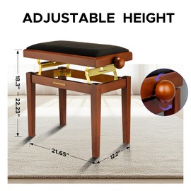 Starfavor Piano Bench Adjustable, Keyboard Chair Wooden Piano Stool Padded Seat Cushion, Brown, SPB-480N