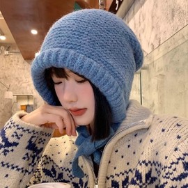 Knit Balaclava Hood Hat Neck Warmer Ear Muffs Scarf for Winter Cold Protection LF3354 Free Size Blue 4ea