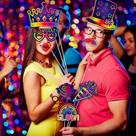 30 Pcs Neon Photo Booth Props, Fluorescent Glasses Hats Crowns Bow Ties Firework Shapes with Sticks, DIY Party Decorations for Disco Birthday and Themed Events