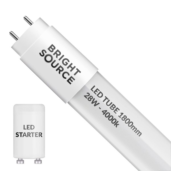 Bright Source 6ft (1763mm) 28w LED T8 Tube, 2800lm, 4000K Cool White, Replacement for 70w T8 Fluorescent, Starter Included - Direct Mains or for use with Switch Start Fitting with Magnetic Ballast