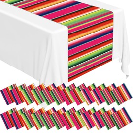 Lonfliness 12 Pack Plastic Mexican Table Runner Disposable Dia De Los Muertos Mexican Serape Runner 14 x 84Inch Colorful Striped Day of The Dead Table Cover for Fiesta Party Taco Party Decor Supplies