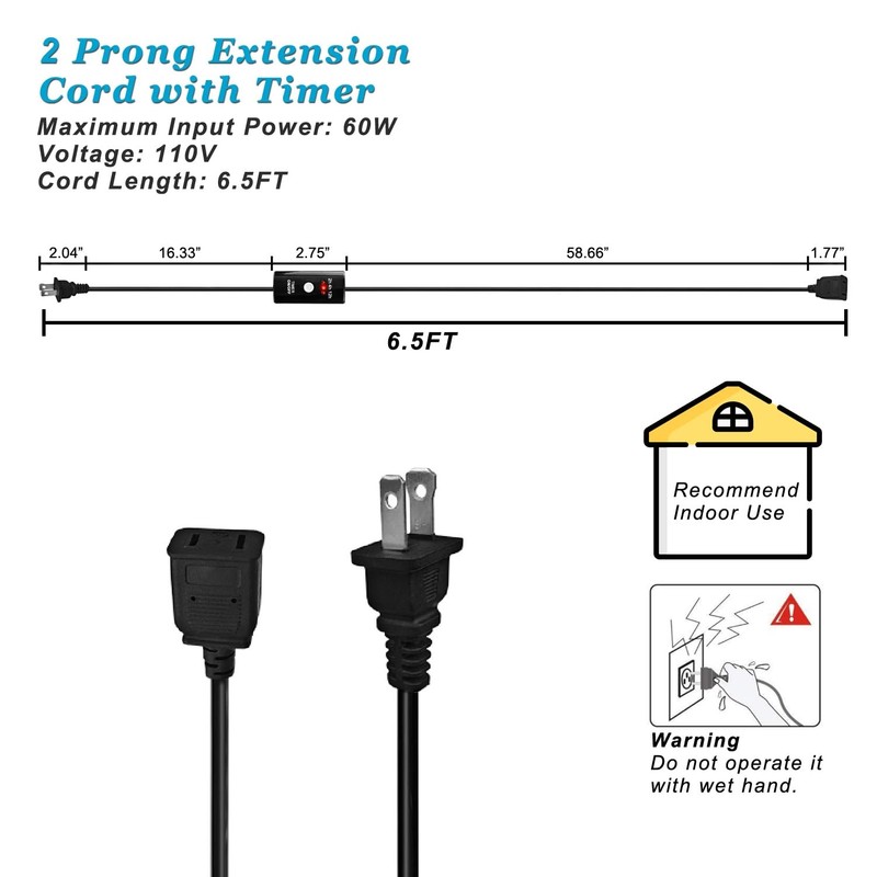 Indoor Extension Cord with Timer 2/4/12Hour Countdown, 60W 6.5 FT