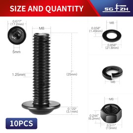 M8 x 25mm Flanged Button Head Socket Cap Screws Bolts, Nuts, Flat & Lock Washers, 10Pcs 18-8 (304) Stainless Steel, Fully Threaded, Black Oxide by SG TZH (with Hex Spanner)