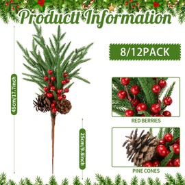 8 Pcs Artificial Norfolk Pine Stems, 17.7 Inches Realistic Touch Norfolk Branch with 24 Big Pinecones and 24 Red Berry Picks Christmas Faux Greenery Faux Sprigs for Xmas Indoor Outdoor Home Décor