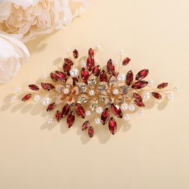 Teyglen Red Crystal Wedding Hair Comb Gold Flower Bridal Hair Comb Handmade Crystal Hair Piece Rhinestone Pearl Headpiece Party Prom Festival Hair Accessories for Women(Wine red)