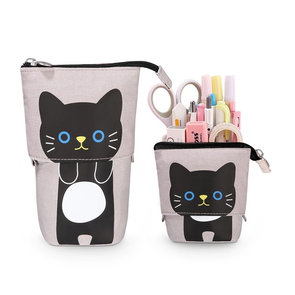 Xespis Pencil Case with Zip, Telescopic Pencil Case, Cat black