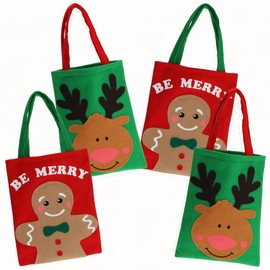 MIJOMA Set of 4 Christmas Felt Gift Bags, Cosy Elk and Gingerbread Man Appliques, Green & Red Mixed, Perfect Gift Packaging for Family and Friends - 26 x 21 cm