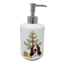 Caroline's Treasures BB1615SOAP Christmas Tree and Basset Hound Ceramic Soap Dispenser Hand Soap Dispenser Pump Bottles for Bathroom Kitchen, Empty Refillable Liquid Soap Container