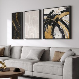Framed Modern Abstract Wall Art Set, 3 Piece Black White Gold Canvas Prints Paintings Artwork for Walls, Minimalist Abstract Pictures for Living Room, Dining Room, Bedroom, Office Wall Decor