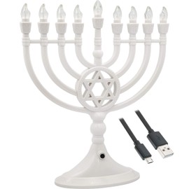 Traditional LED Electric White Hanukkah Menorah - Battery or USB Powered - Includes a Micro USB 4' Charging Cable